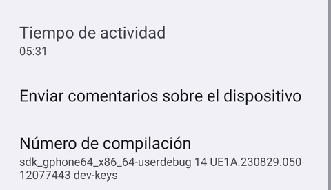 Ajustes, Información del teléfono: la fila Número de compilación