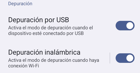 Opciones para desarrolladores: el interruptor de Depuración inalámbrica activado