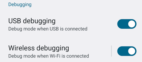 Developer options: the Wireless debugging switch turned on